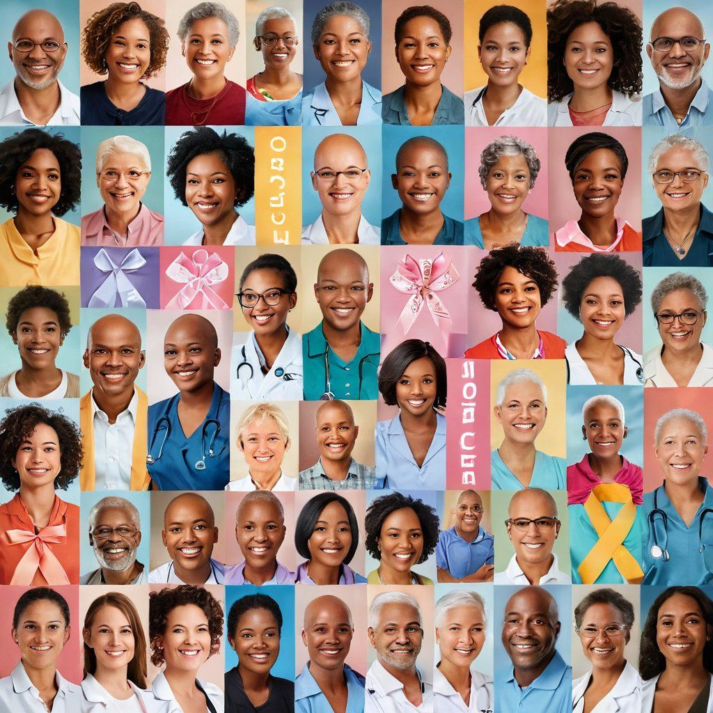 A vibrant and uplifting collage showcasing diverse individuals united in the fight against cancer. Include symbolic elements like ribbons, medical equipment, and support groups, infused with colors representing hope and resilience. The background features a soft glow, symbolizing progress and healing in oncology. Create an atmosphere that feels both informative and inspirational. super-realistic. vibrant colors. soft-focus background.