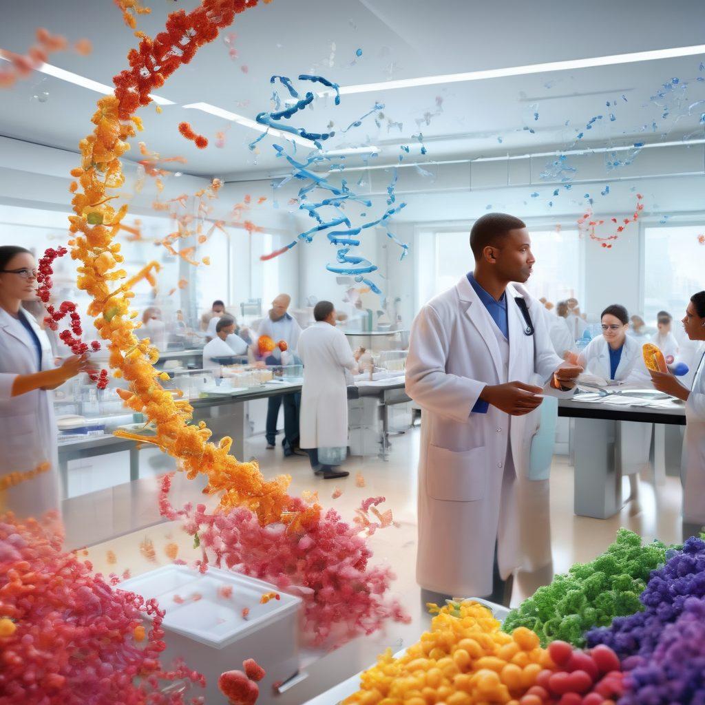 A dynamic visualization of a lab with scientists passionately collaborating on cancer research, showcasing DNA strands interwoven with symbols of preventive health, such as healthy food and exercise. In the background, a diverse group of patients engage in support activities, highlighting community and care. Vibrant colors depicting hope and innovation. super-realistic. 3D.