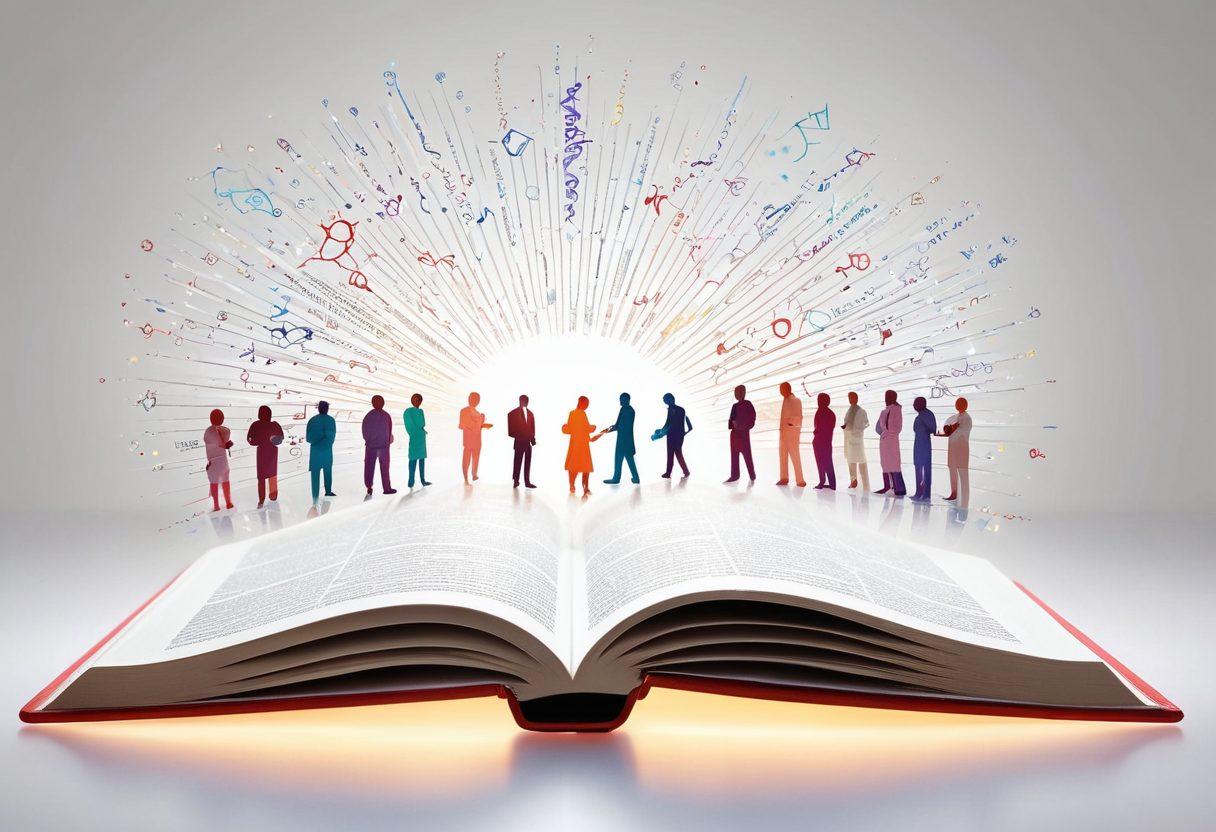 An open book radiating beams of light, symbolizing the illumination of knowledge about cancer research. Surround the book with silhouettes of diverse healthcare professionals and patients engaging in discussion, with bright and hopeful expressions. Add elements like DNA strands and microscopic cells softly illuminated in the background, representing cutting-edge research. super-realistic. vibrant colors. white background.
